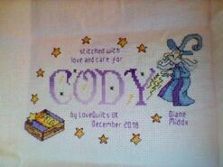 Cross stitch square for Cody S's quilt