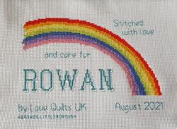 Cross stitch square for Rowan I's quilt