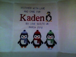 Cross stitch square for Kaden B's quilt