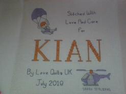Cross stitch square for Kian L's quilt