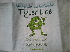 Cross stitch square for Tyler Lee's quilt