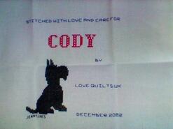 Cross stitch square for Cody S's quilt