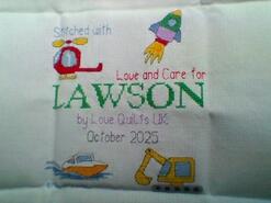 Cross stitch square for Lawson's quilt