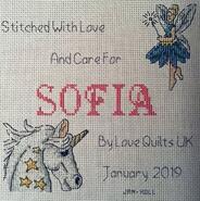 Cross stitch square for Sofia T's quilt